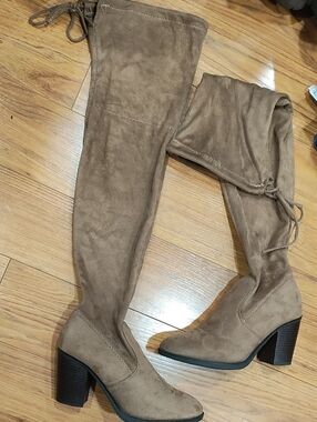 Over-the-Knee Taupe Suede Block Heel Boots with Back Tie
